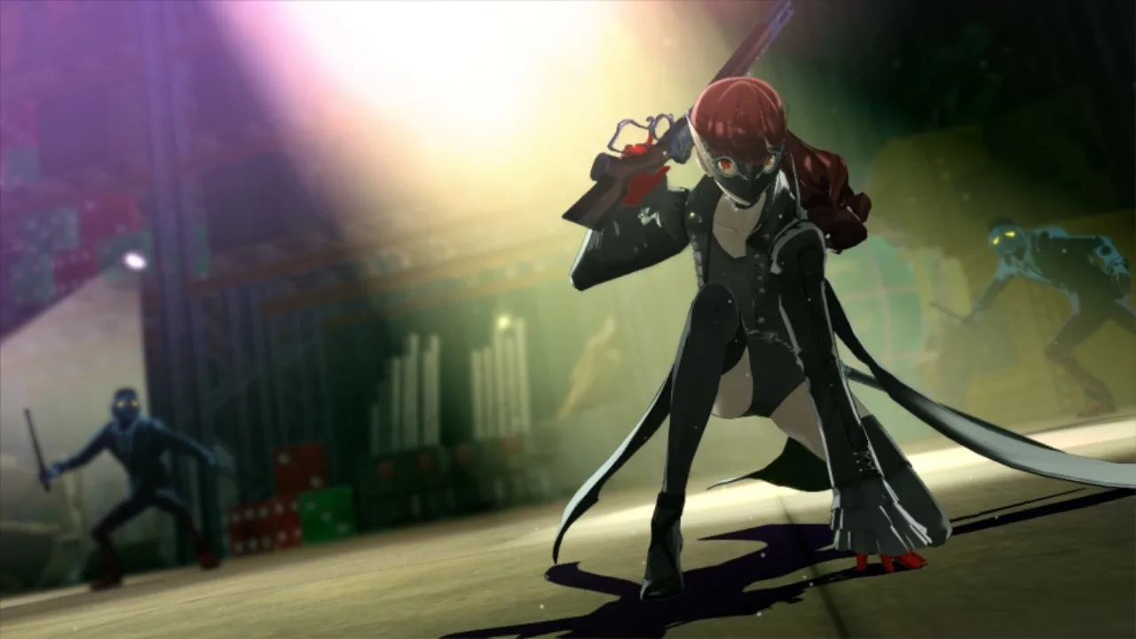 Jovem em roupa de treino joga Persona 5 Royal no Xbox, cercado de halteres e garrafa de água