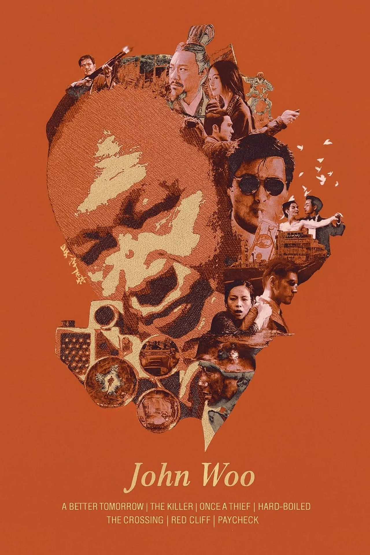 Atleta em pose de agachamento segurando halteres, suado, com fundo de cinema neon e pôster de John Woo