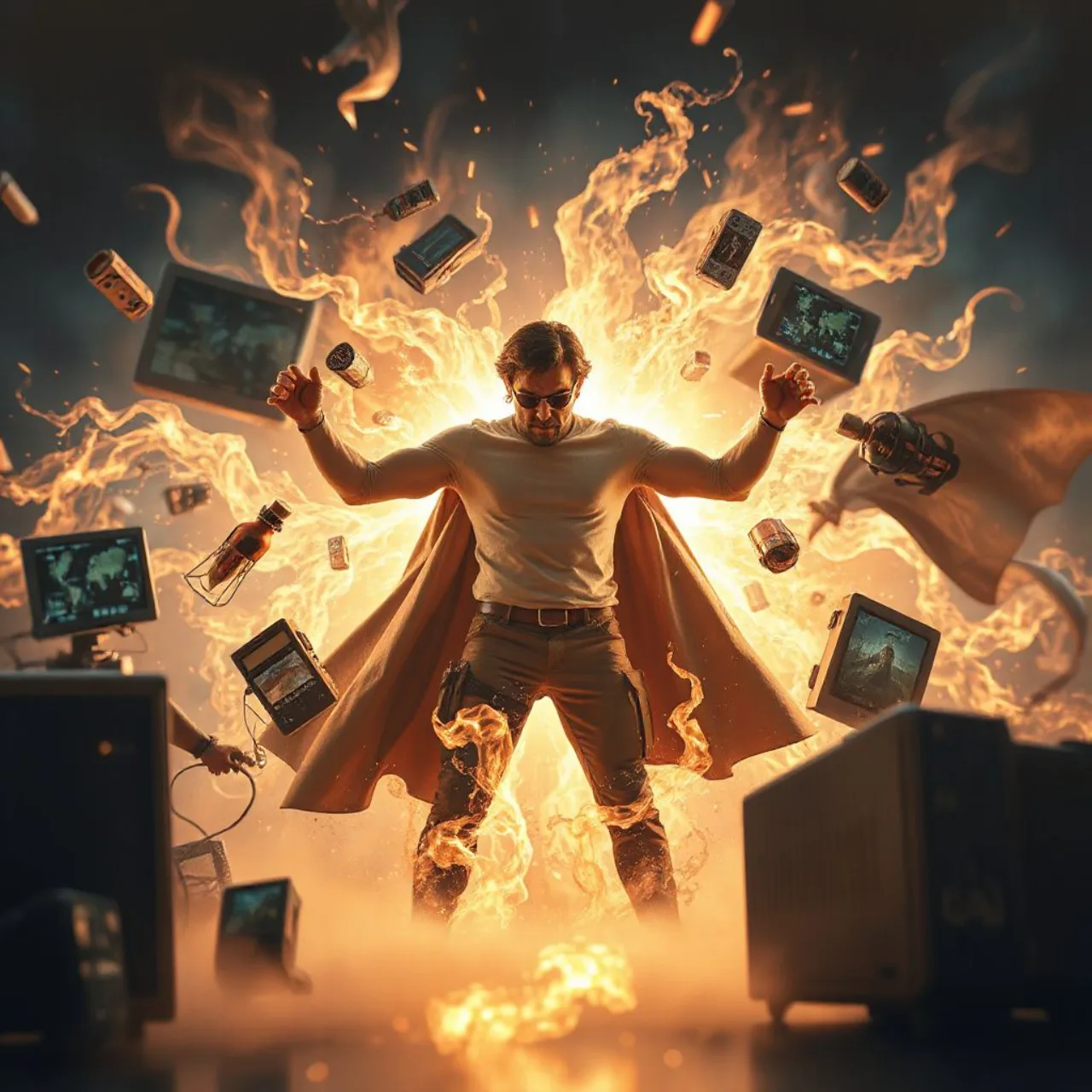 Mr. Terrific irradia energia azul ao segurar um power‑bank, enquanto o logo da Justice League brilha ao fundo