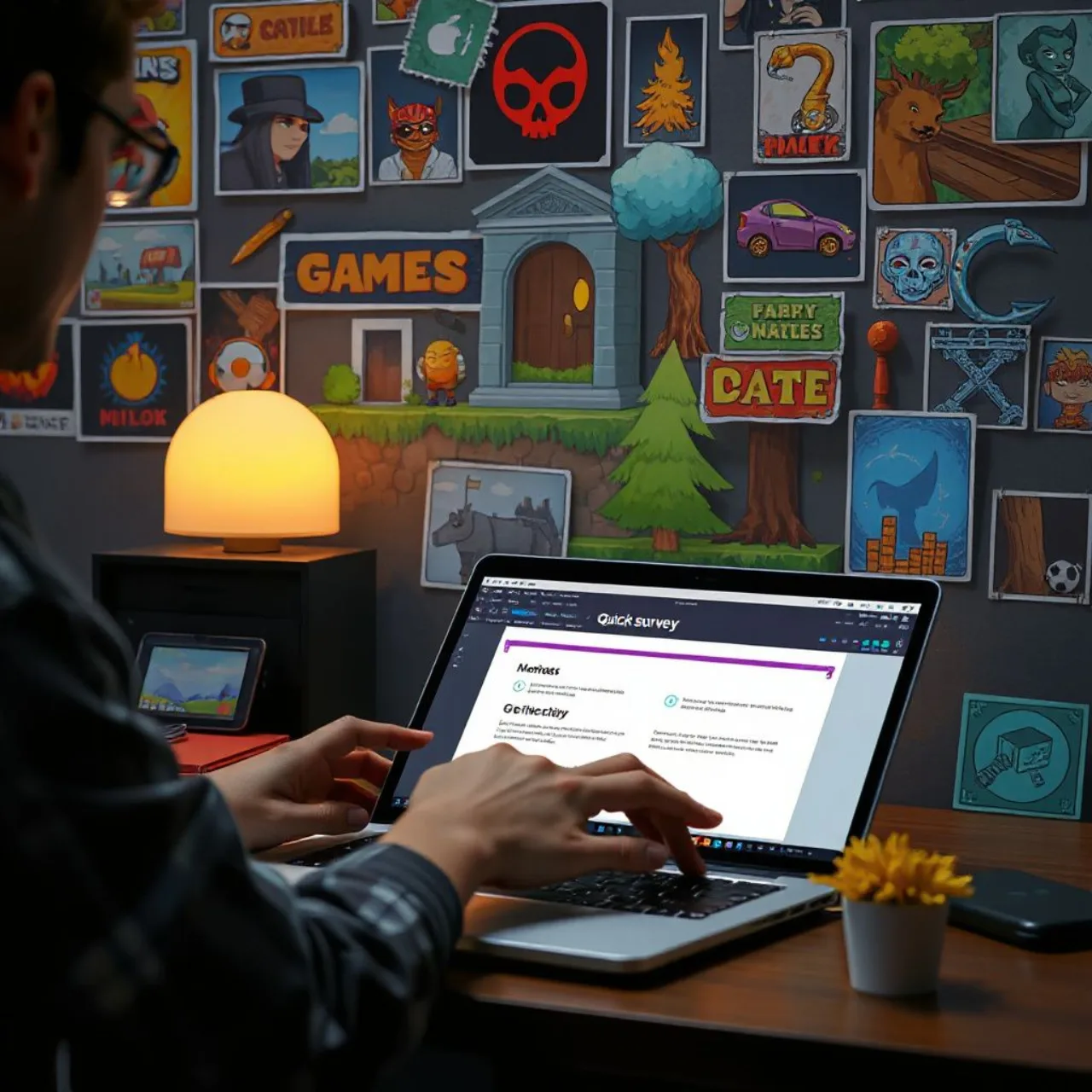 Tela de computador mostrando o formulário do Indie Games Survey 2026 com logo da Indie Know e ícones de jogos indie