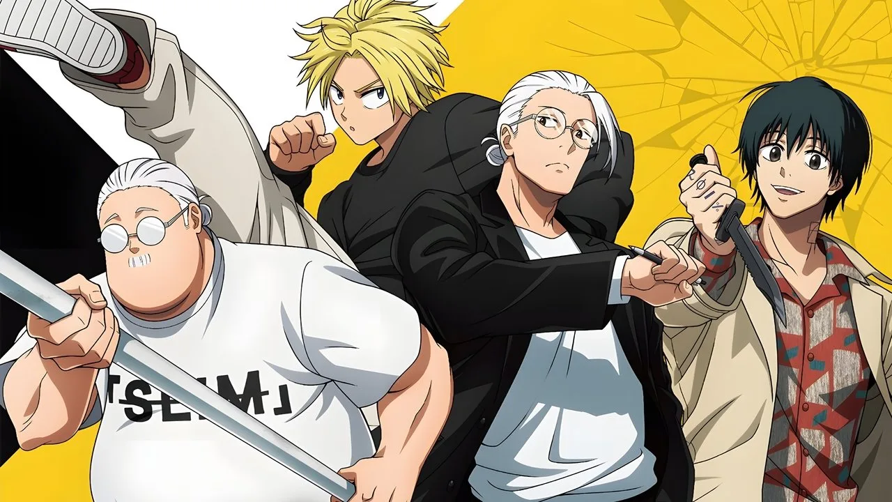 Homem musculoso lendo mangá Sakamoto Days sentado em um banco de academia, segurando halteres