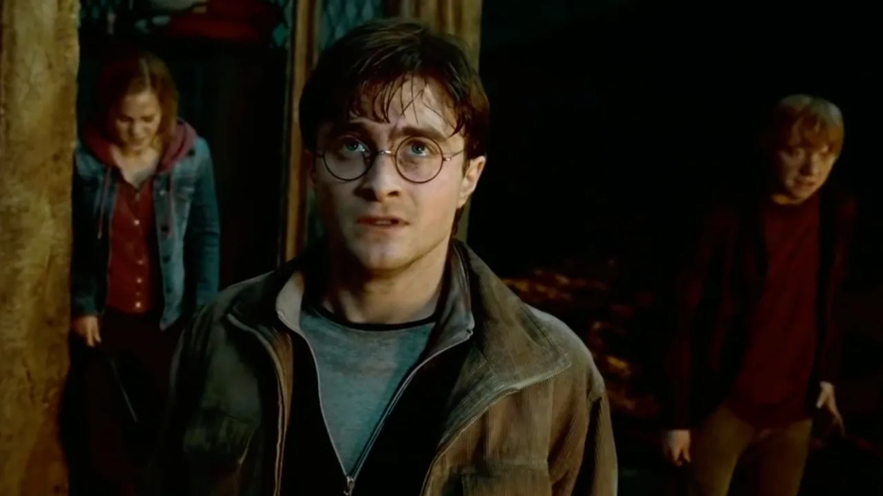Várias varinhas da saga Harry Potter em exibição, destacando a varinha de Hermione ao lado da quebrada de Ron