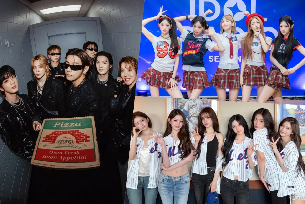 BTS posando em traje elegante ao lado de um gráfico de barras que destaca sua liderança no ranking de anúncios