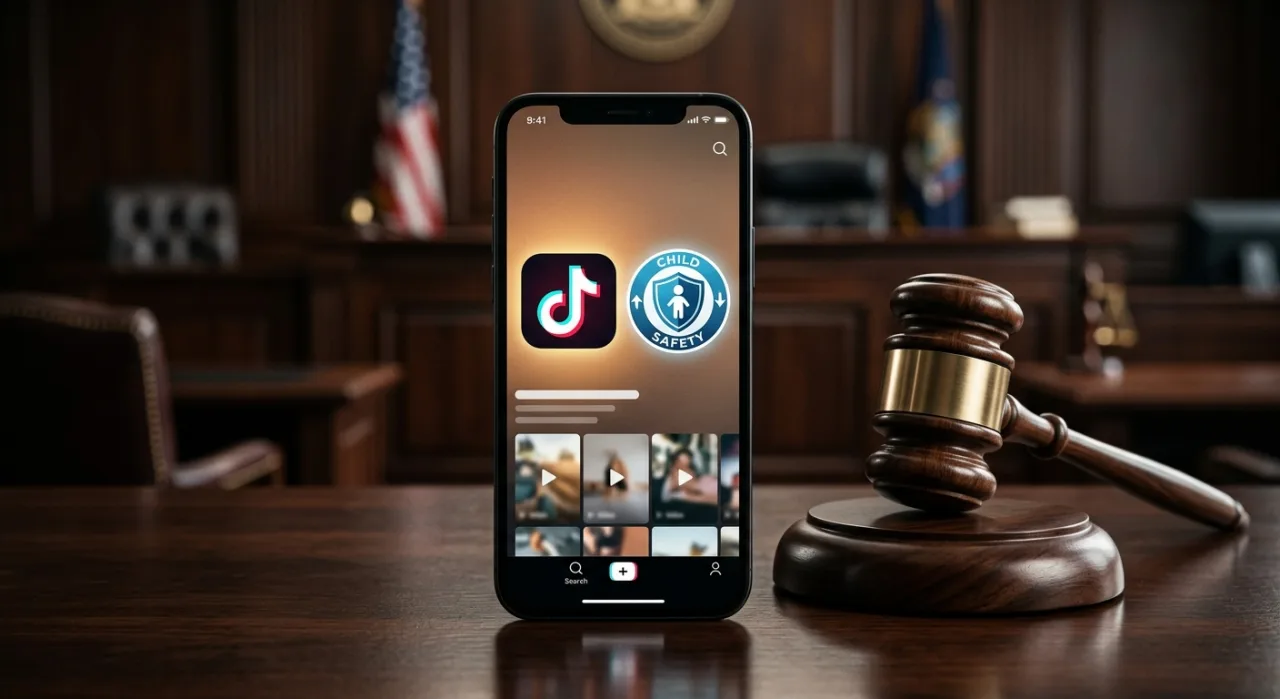 Adolescente fazendo agachamento enquanto segura o celular com TikTok aberto, ao fundo alerta vermelho de segurança