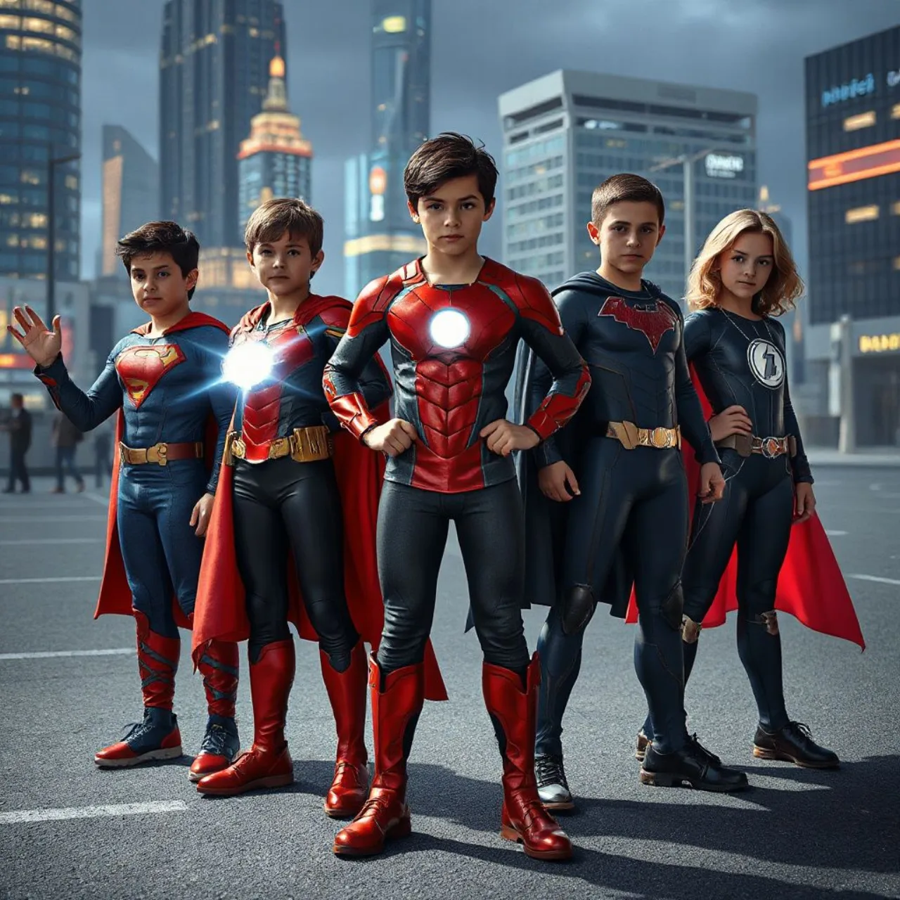Hyperman, Trinity, Animal Girl, Jenny e Jason posam em trajes de herói, com o símbolo da Liga da Justiça ao fundo