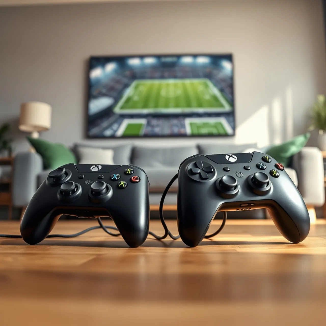 Jogador concentrado, segurando controle Xbox, com fone de ouvido, ao lado de um campo de futebol americano em miniatura