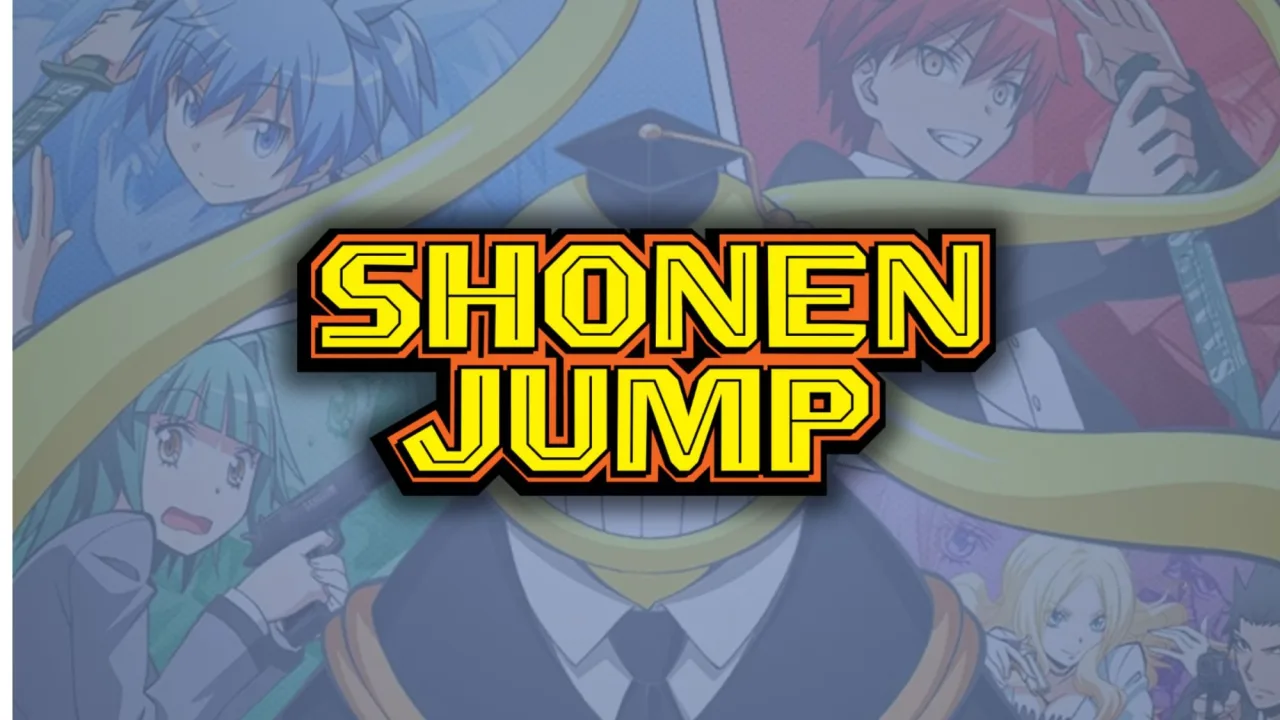 Koro‑sensei e os alunos da Classe 3‑E em trajes modernos, ao fundo um logo comemorativo de 10 anos da série