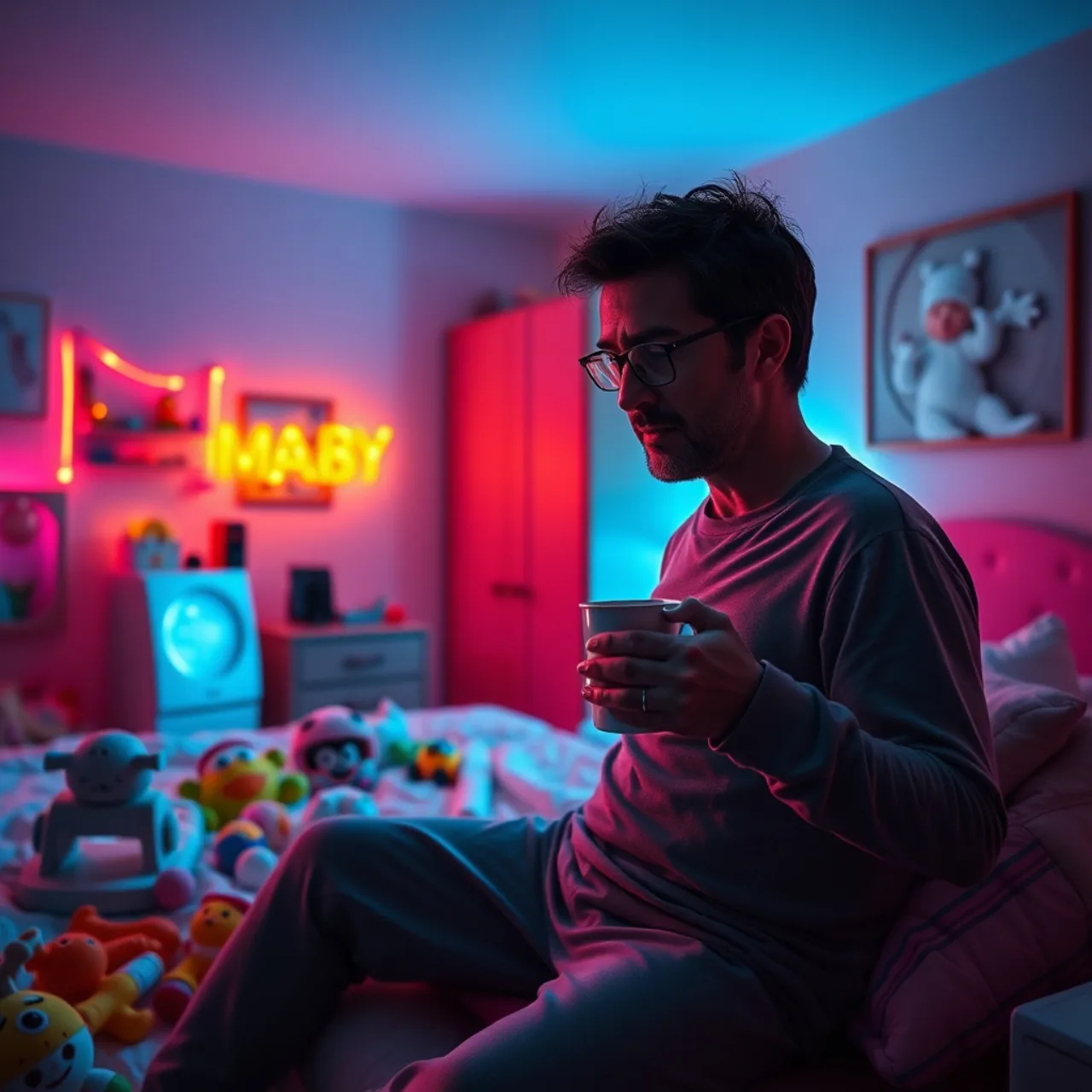 Pai exausto, de pijama, segurando bebê chorando enquanto tenta montar peças de quebra‑cabeça ao lado de café