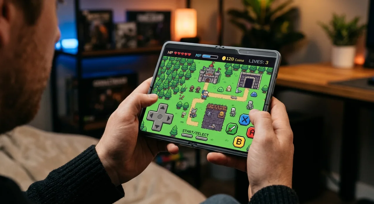 iPhone Duo aberto exibe a interface do emulador Delta rodando um jogo de Nintendo DS na tela dobrada