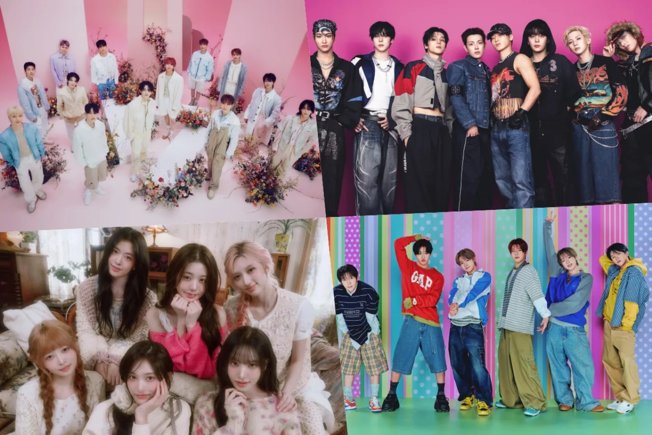 Membros do SEVENTEEN posam ao lado do troféu de certificação million da RIAJ, com o logotipo da associação ao fundo