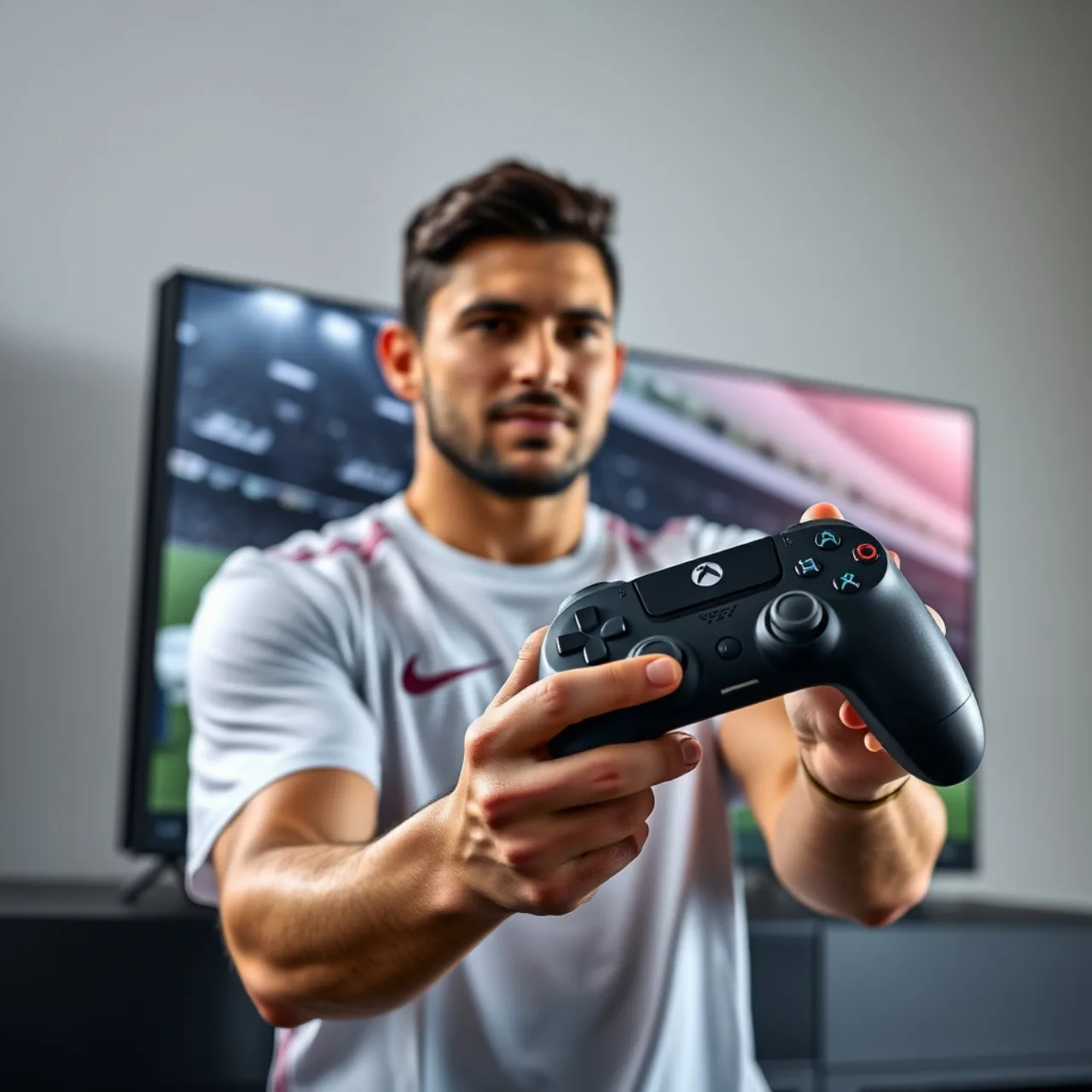 Jovem em roupa de treino segurando controle Xbox, com bola de futebol ao lado e garrafa d'água