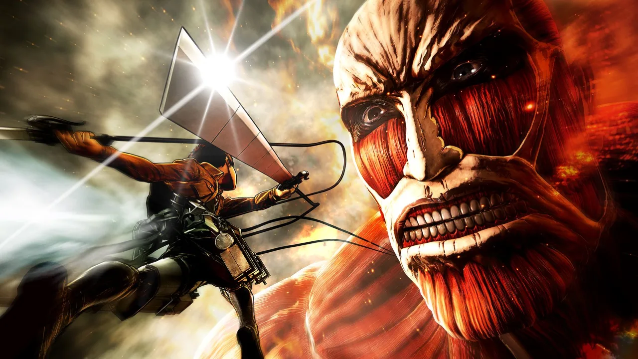 Jovem faz agachamento segurando o celular com a tela do Attack on Titan aberta, ao lado de garrafa d'água e toalha