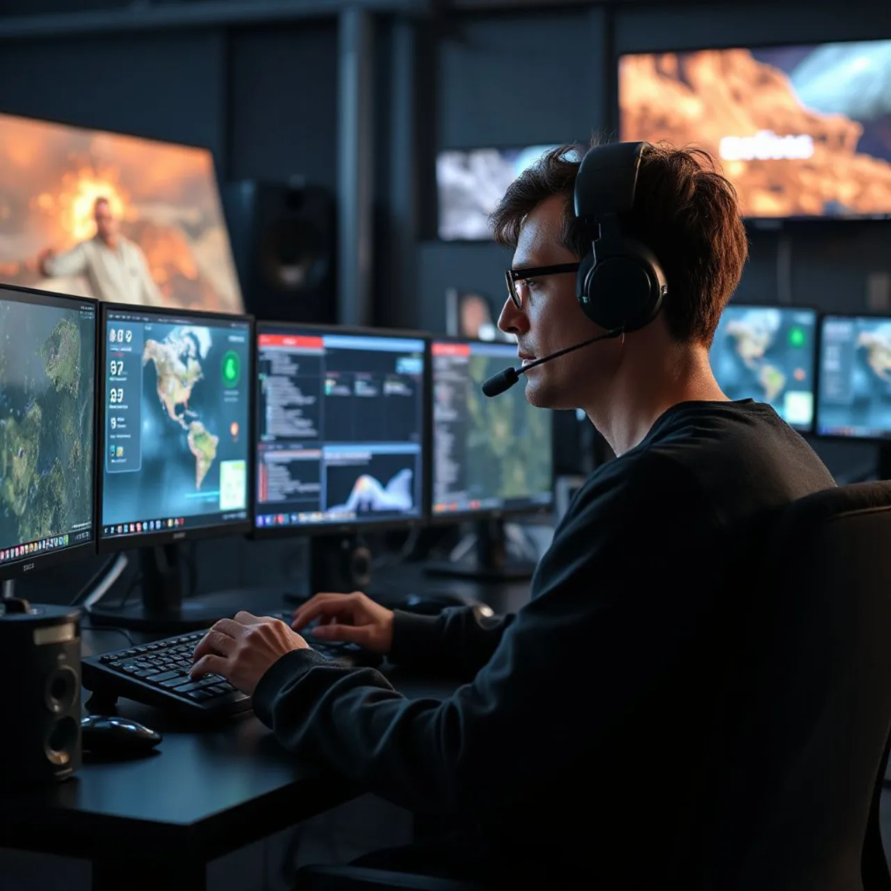 Desenvolvedores japoneses em um estúdio, frente a monitores exibindo gráficos de jogos e ícones de IA generativa