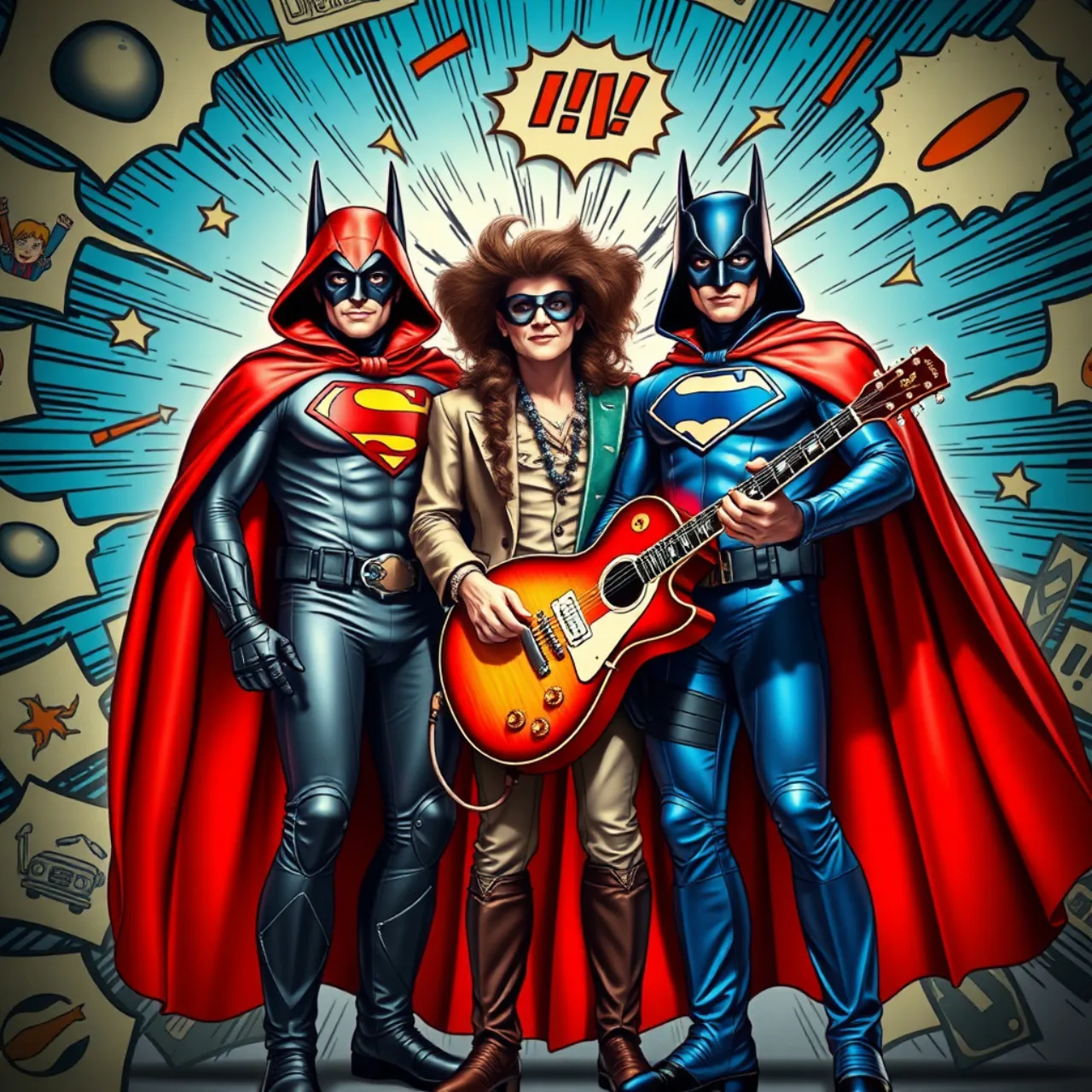 Homem musculoso vestindo capa de Batman levanta halteres ao lado de capas de quadrinhos do Superman e Weird Al