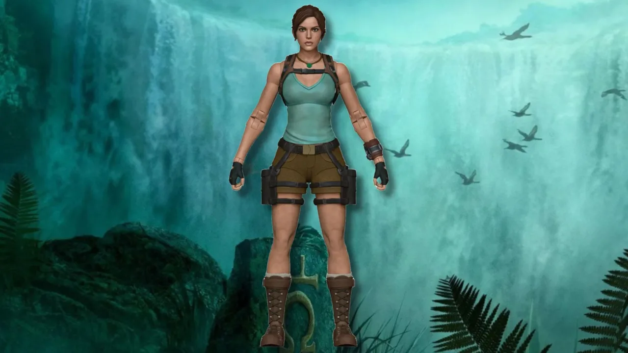 Figura de Lara Croft da McFarlane Toys, em pose de ação, com pistola, arco e caixa com logo Tomb Raider
