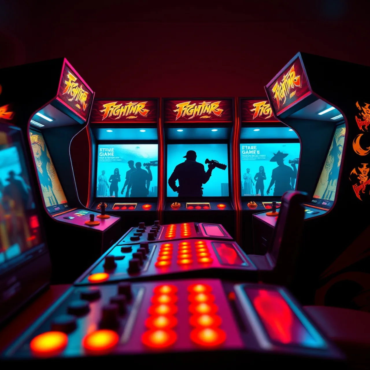 Jogador suado e concentrado, segurando controle de arcade diante de tela com personagens de luta em ação