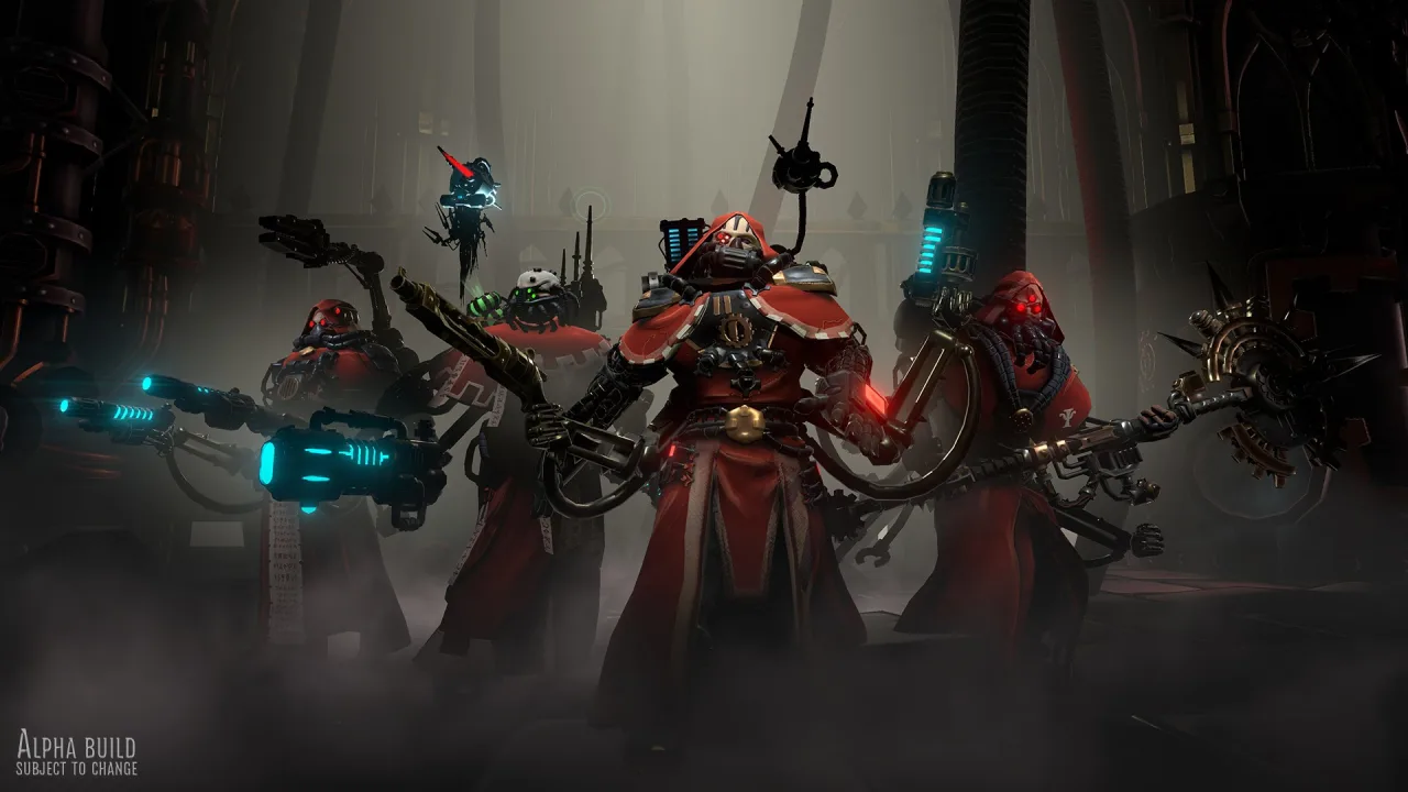Ciborgue do Adeptus Mechanicus segurando um machado de energia em um cenário tecnológico sombrio e detalhado
