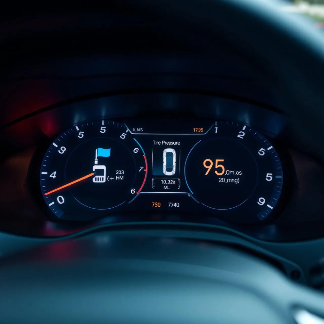 Painel de carro com tela digital exibindo ícone de assistente de IA, microfone e gráficos de combustível e pressão dos pneus