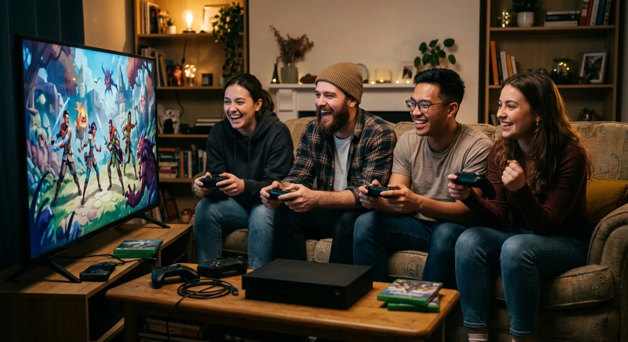 Console Xbox Series X rodeado por capas de jogos, destacando o logo de We Were Here Tomorrow