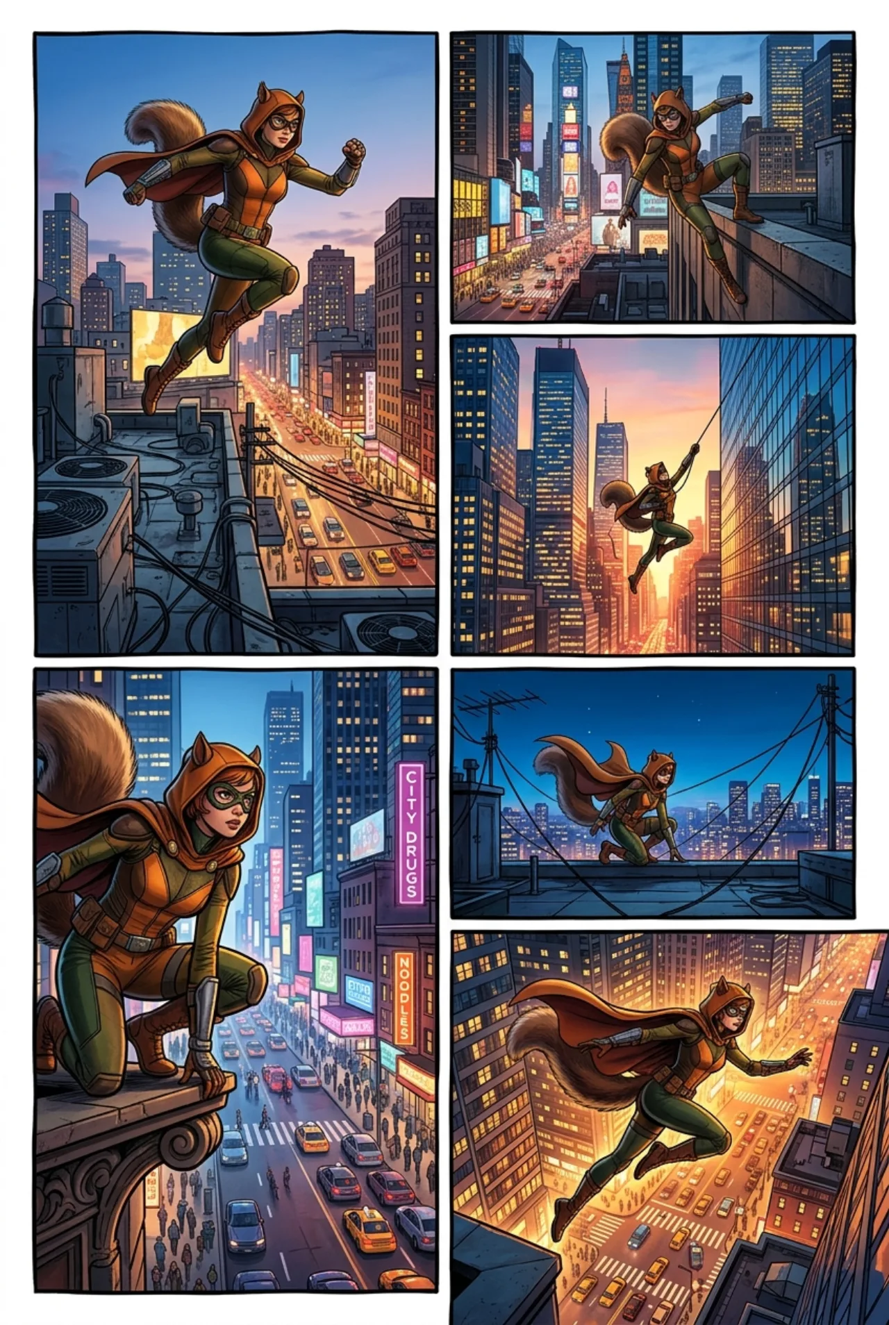 Jovem faz alongamento ao lado de pilhas de quadrinhos, incluindo a capa da Squirrel Girl, em academia iluminada