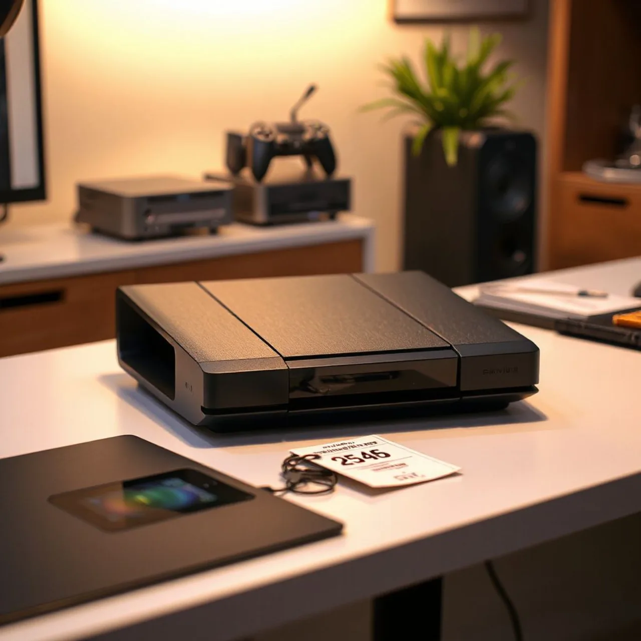 Console Xbox Project Helix com design futurista ao lado de um rótulo de US$1000 e o logotipo da Microsoft