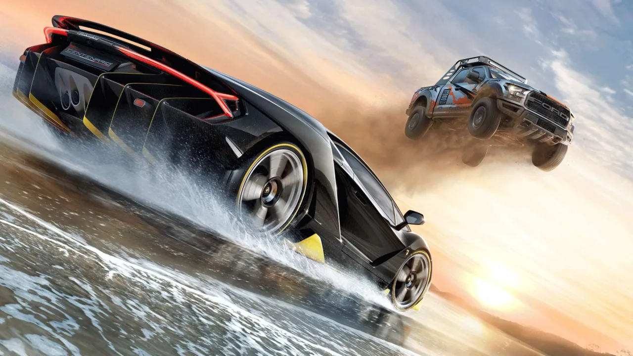 Steam Deck exibindo uma corrida de Forza Horizon 6 com gráficos detalhados e controles ergonômicos em foco