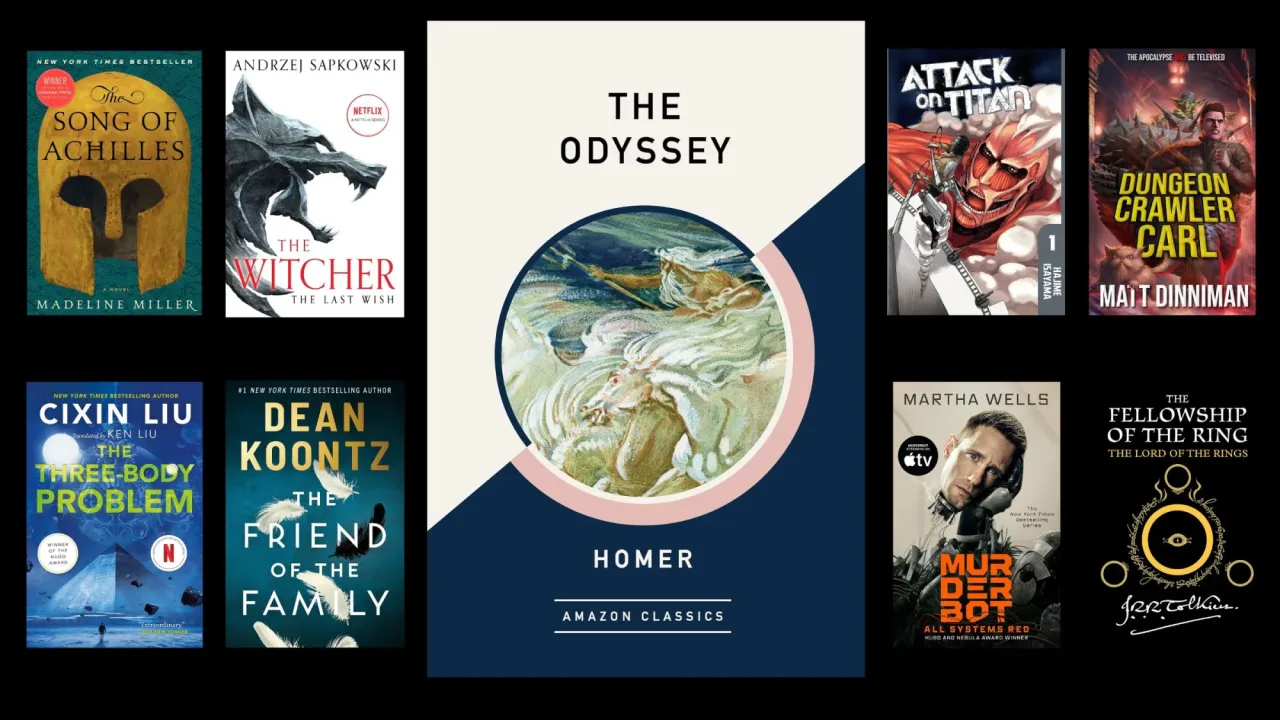 Banner da Amazon com logo Prime, destaque para Kindle Unlimited e um e‑reader Kindle sobre fundo azul