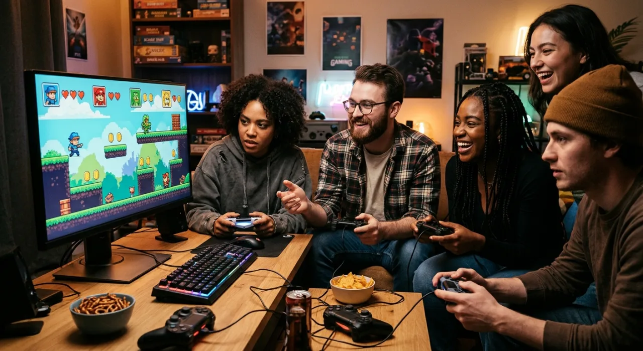 Mario, Luigi e Peach correm na Ilha Delfino ao lado de oito avatares adicionais, com o logo do Dolphin ao fundo