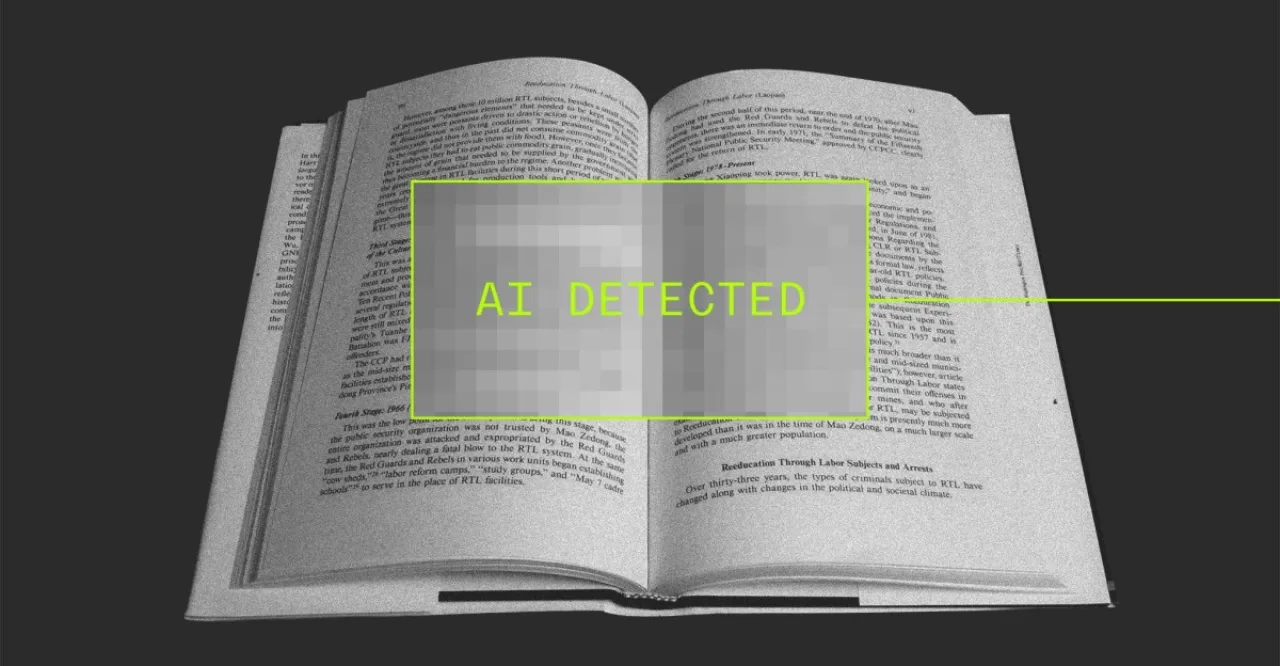 Pessoa em roupa esportiva analisando um laptop com gráficos de detecção de IA e ícones de alerta ao fundo