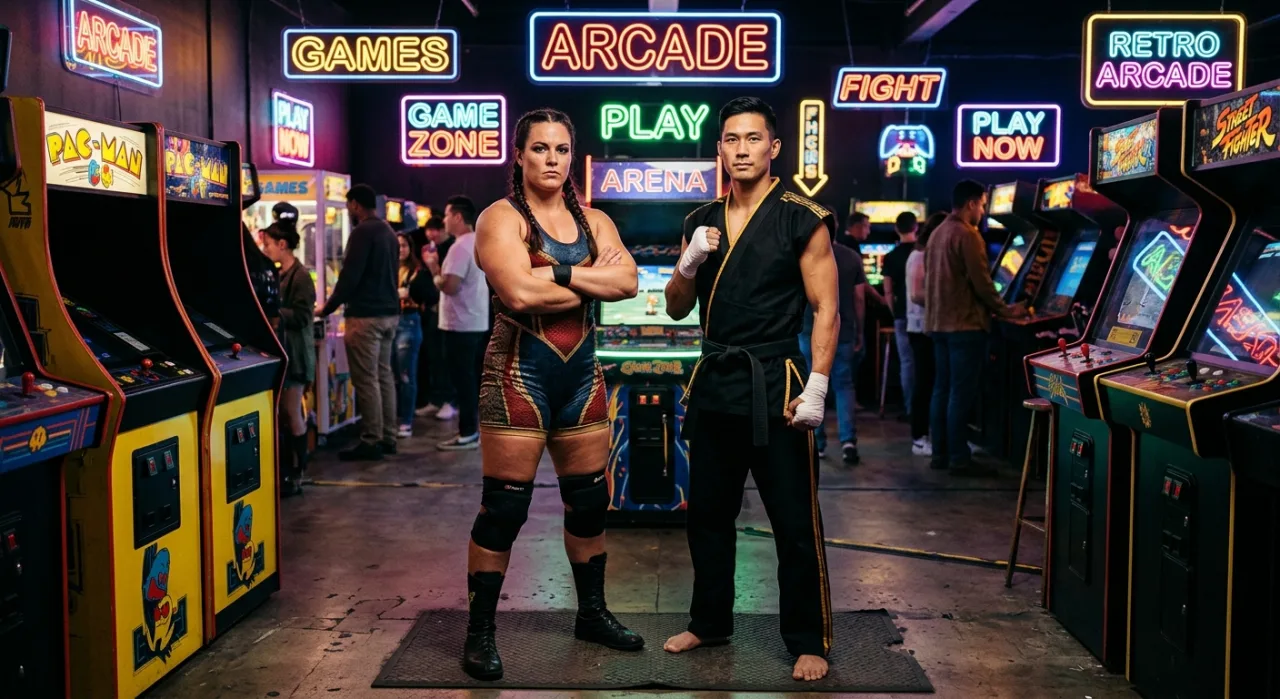 Ryu e Chun‑Li em trajes de WWE, dentro do ringue, ao lado dos logos WWE 2K26 e Street Fighter