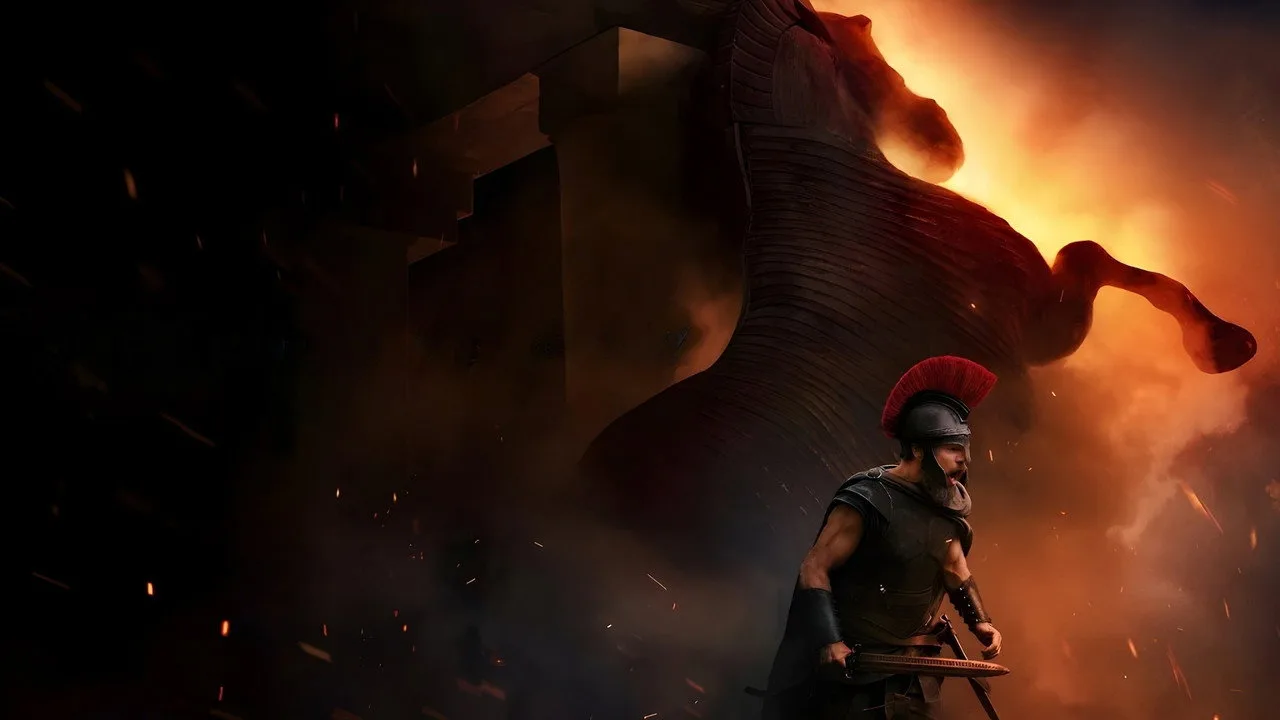 Mulher em leggings faz agachamento com poster de The Odyssey ao fundo, segurando garrafa d'água