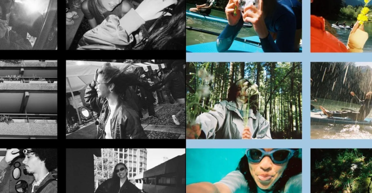 Jovem Gen Z correndo em trilha, segurando a QuickSnap Active, com garrafa d'água, fones e smartwatch ao sol