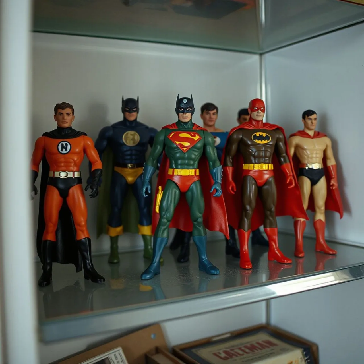 Cinco figuras Mego Pocket Super‑Heroes em exibição, com detalhes de capa e logo da Heritage Auctions ao fundo