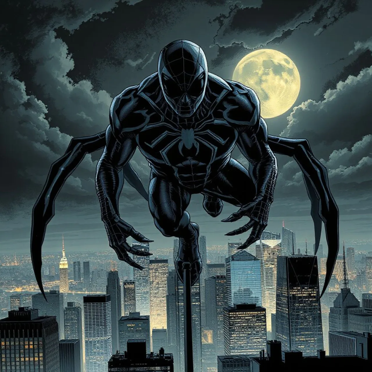 Spider-Man mutante, olhos vermelhos e corpo deformado, envolto em sombras sobre a skyline noturna de Nova York