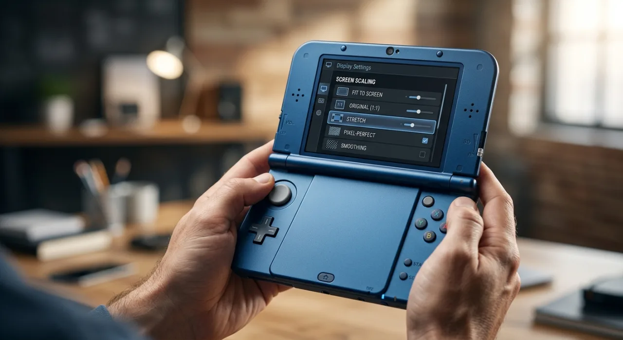 Console portátil FPGBA SP exibindo a nova UI com opções de escala de tela e um cartucho de Game Boy Advance inserido