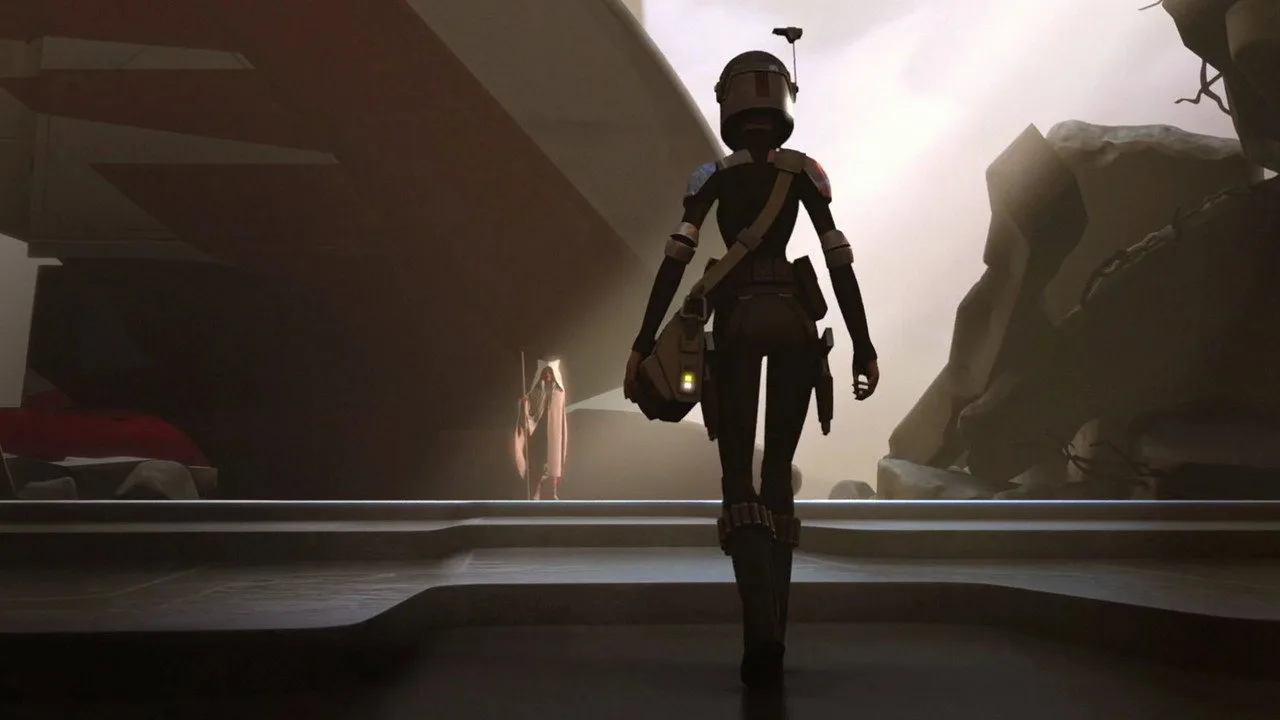 Jovem em roupa esportiva faz agachamento segurando halteres em forma de sabre de luz, ao fundo pôster de Starfighter