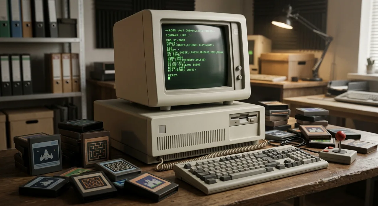 Replica full‑size do Amiga A1200 com teclado, joystick e logotipo retro, exibindo a interface Workbench no monitor