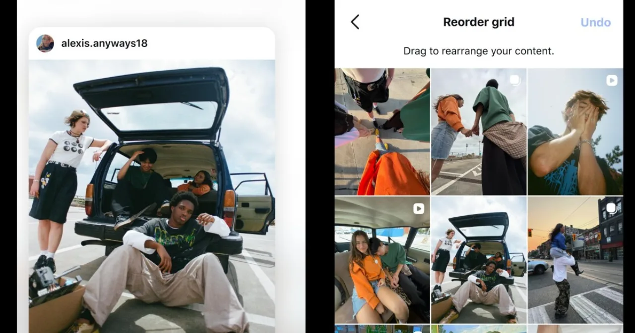 Mão segurando smartphone exibindo grid do Instagram com fotos de treinos e alimentação saudável