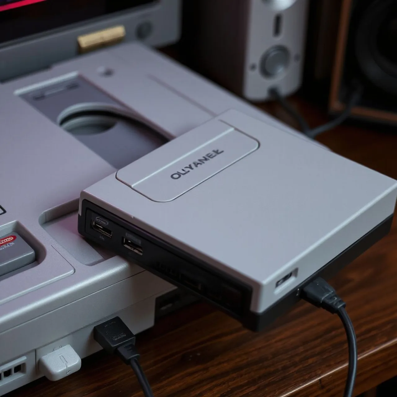Um console PlayStation conectado a um dispositivo Krikzz EverDrive plug‑and‑play, com o logo da empresa ao fundo