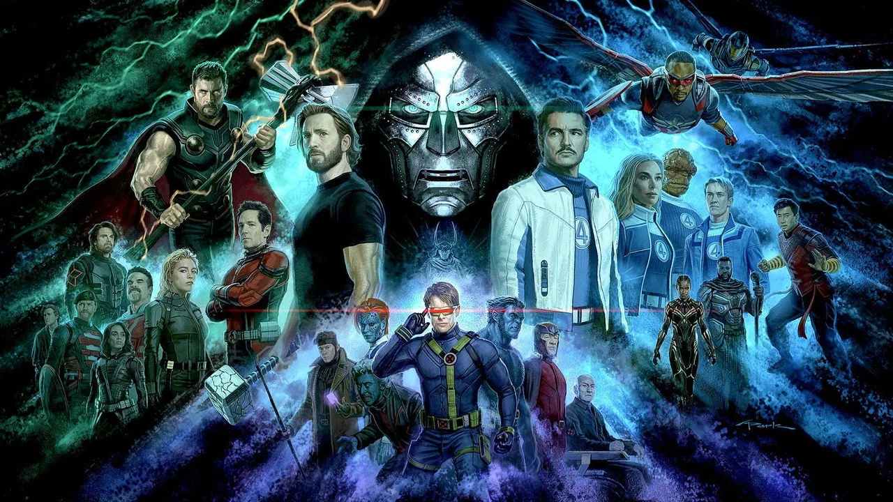 Corredor em roupa da Marvel segurando um cronômetro digital ao lado de um poster de Avengers