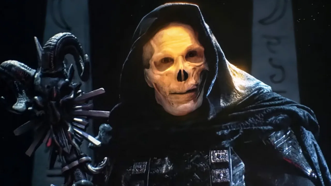 Cels originais de Skeletor e He‑Man da série clássica, lado a lado, com o logo da Heritage Auctions ao fundo