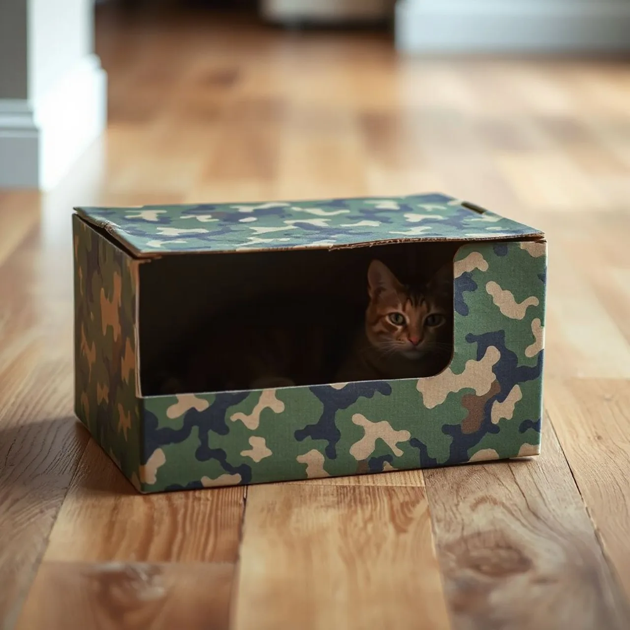 Jovem fazendo prancha ao lado da caixa temática Metal Gear Solid para gatos, com halteres e garrafa de água ao fundo