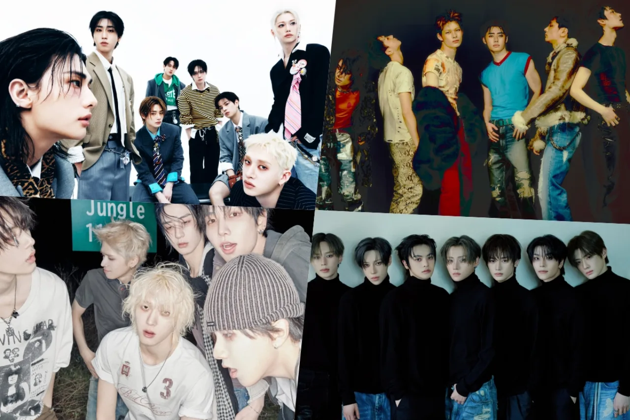 Membros do Stray Kids posam ao lado do logo da Billboard e da capa de seu álbum no topo da lista World Albums