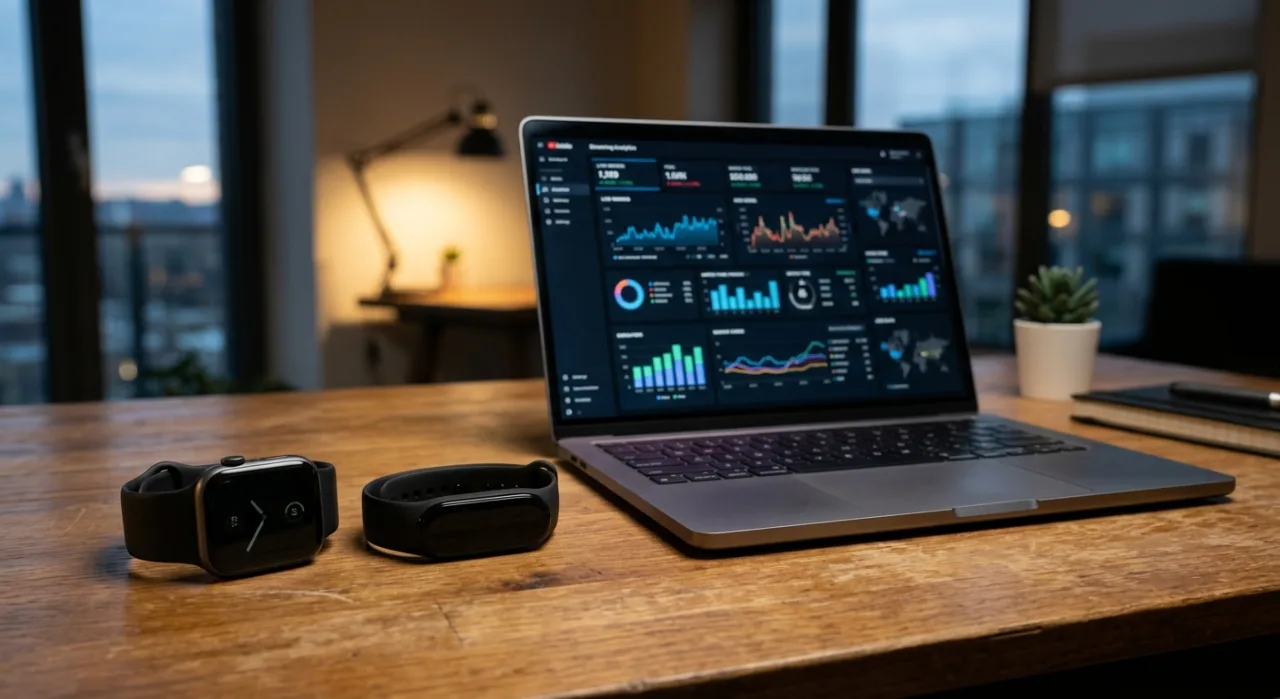 Pessoa usando smartwatch enquanto assiste série no TV, com controle remoto e tablet ao lado