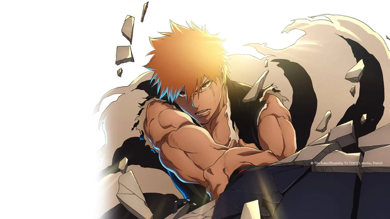 Jovem correndo na esteira com camiseta estampada de Bleach, garrafa d'água e fones de ouvido