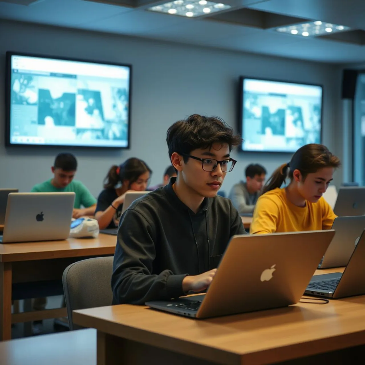Logotipos da Google, Microsoft e Apple sobrepostos a uma sala de aula com tablets nas mesas dos estudantes