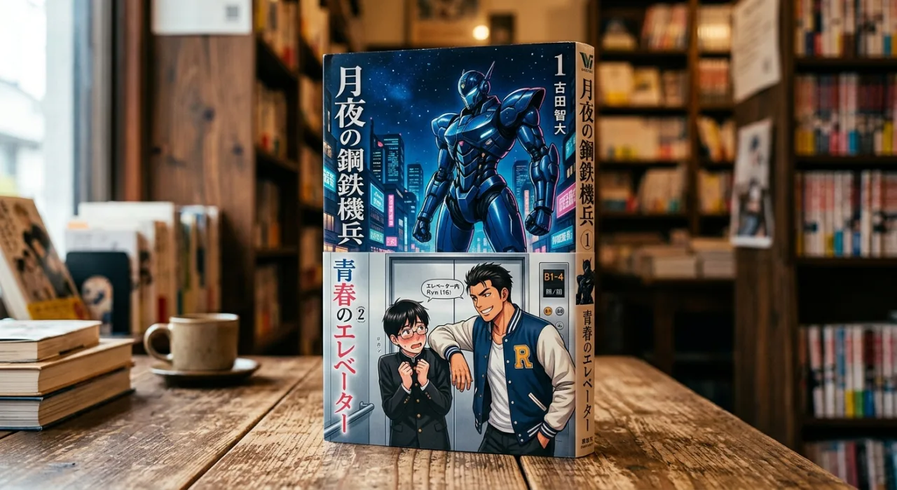 Jovem em roupa de academia, segurando um tablet com capa de mangá, ao lado de garrafa d'água e halteres