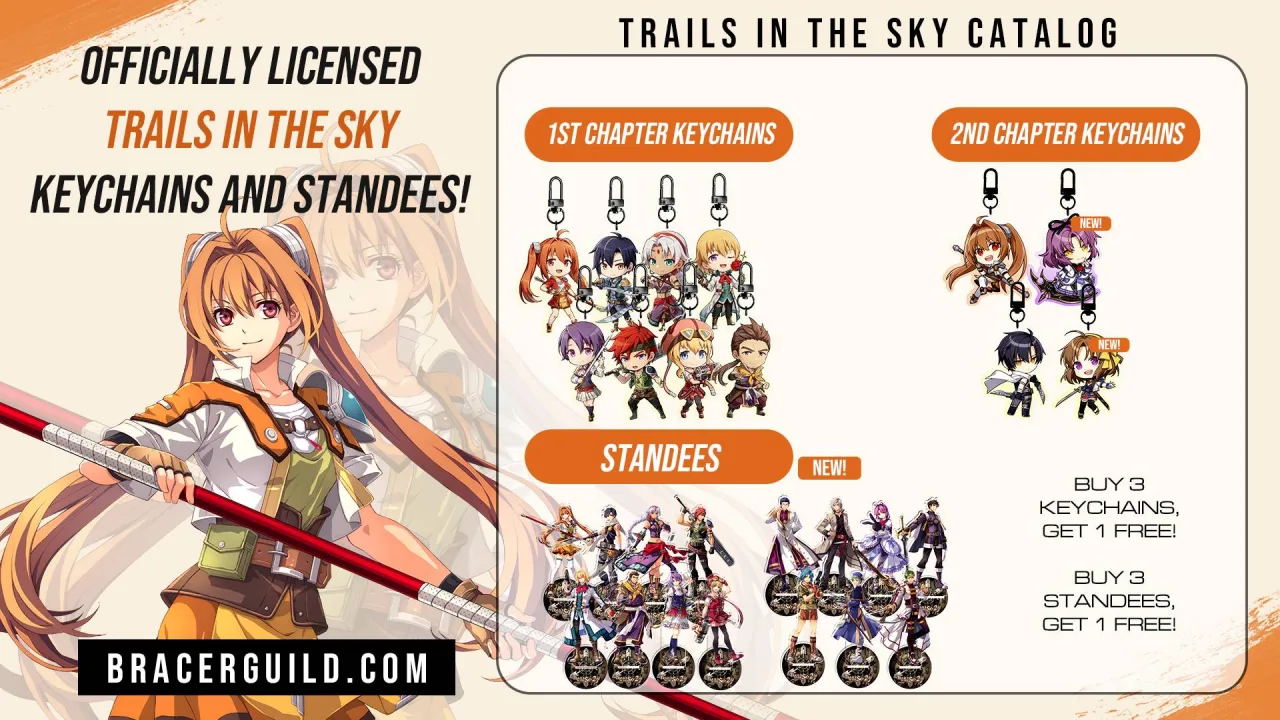 Um colecionador em roupa esportiva ergue um standee de Trails in the Sky enquanto faz agachamento, ao lado de garrafas de água e um tapete de yoga