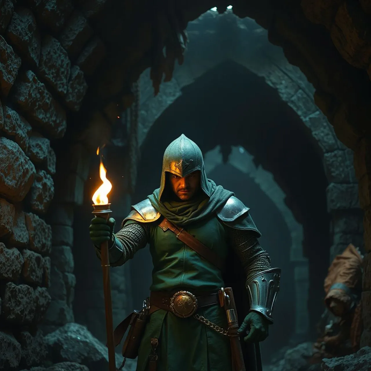 Link empunhando a Master Sword, rodeado por chamas dentro do Templo do Fogo de Ocarina of Time, com logo Dungeon Crawl