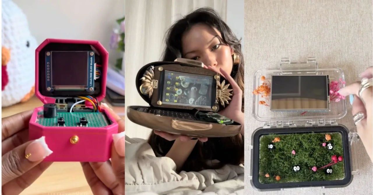 Jovem usando mochila transformada em cyberdeck, segurando halteres e smartwatch, ao lado de garrafa d'água